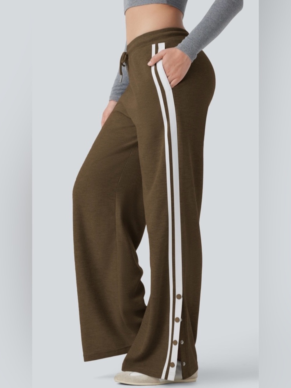 HALARA Low Rise Drawstring Color Block Snap Waffle Casual Wide Leg Pants